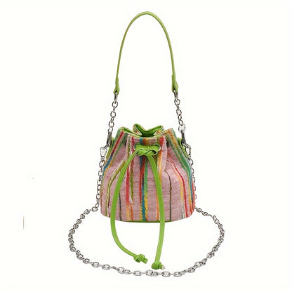 realaiot  Striped Tweed Bucket Bag For Women, Trendy Mini Chain Crossbody Bag, Autumn Winter Drawstring Shoulder Purse