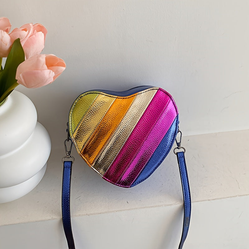 realaiot  Heart Shaped Crossbody Bag, Colorblock Rainbow Stitching Love Purse, Trendy Mini Shoulder Bag For Women, Valentine's Day Gift