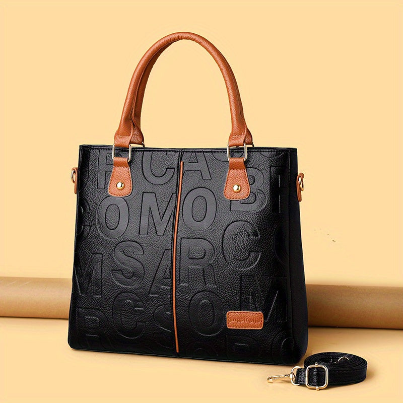 realaiot  Classic Colorblock Satchel Bag, Letter Embossed Top Handle Purse For Work, Women's Textured Satchel Bag