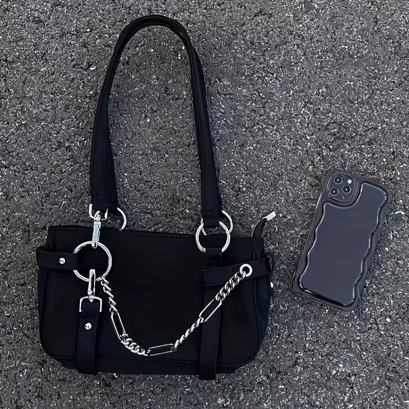 realaiot  Black Solid Color Trendy Shoulder Bag, Chain Decor Versatile Underarm Bag, Zipper Nylon Stylish Handbag Tote Bag