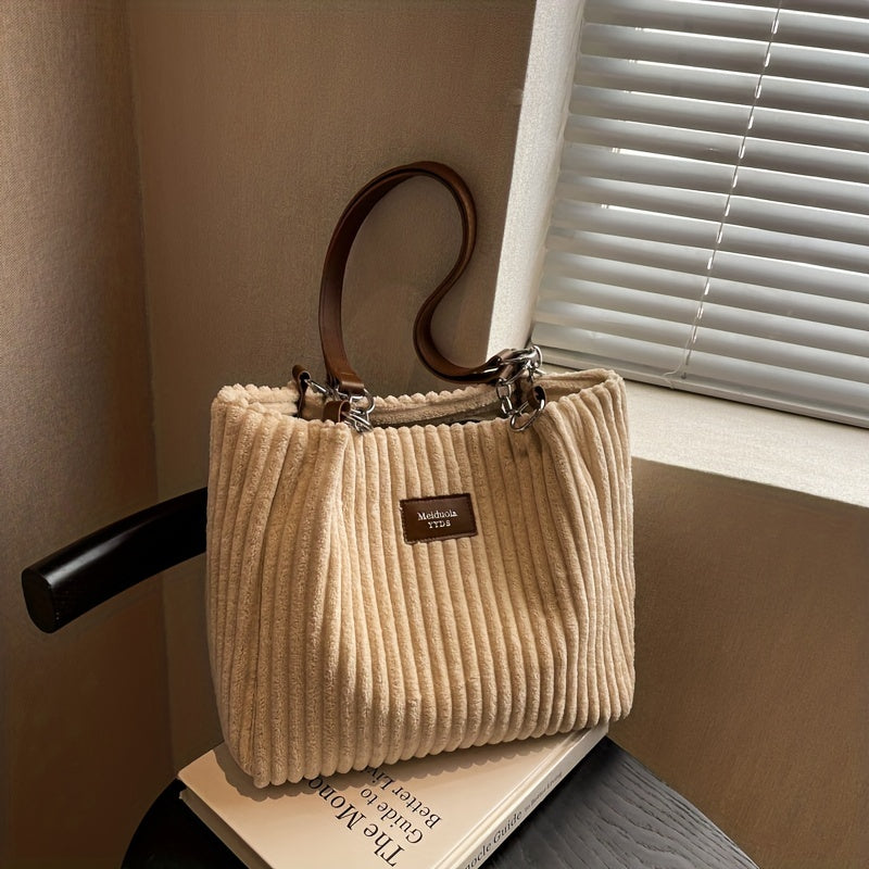 Corduroy Tote Bag For Women, Fashion Chain Shoulder Bag, Large Capacity Plush Handbag
