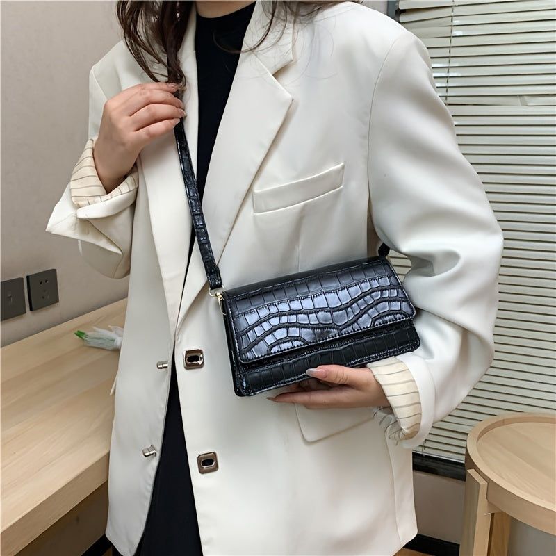 realaiot  Lightweight Crocodile Pattern Shoulder Bag, Mini Flap Crossbody Bag For Women, Classic Solid Color Handbag