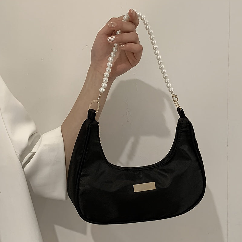 realaiot  Black Minimalist Baguette Bag, Zipper Trendy Underarm Bag With Faux Pearl Strap For Women