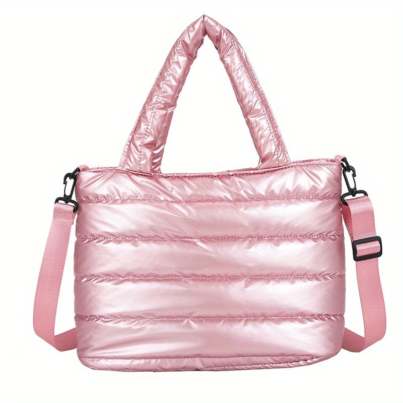 Soft Quilted Tote Bag, Large Capacity Zipper Shoulder Bag, Detachable Adjustable Strap Portable Double Handle Handbag