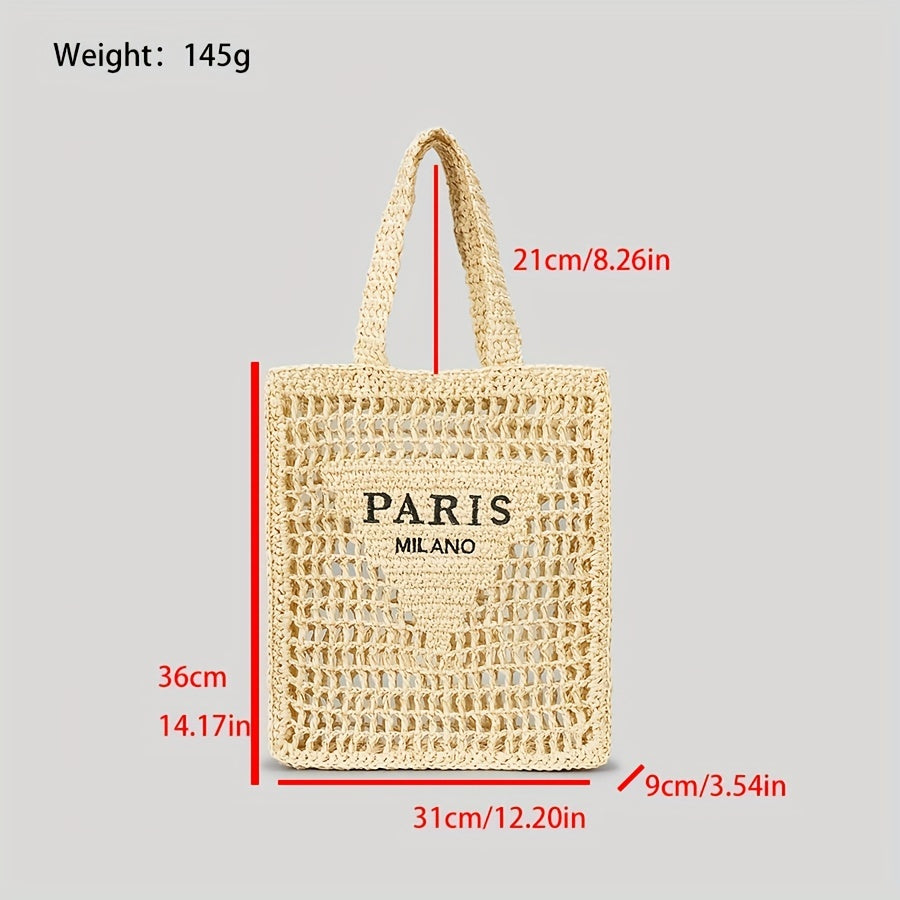 realaiot  Straw Mesh Tote Bag For Women, Woven Beach Shoulder Bag, Large Capacity Foldable Hobo Bag For Holiday, Picnic, And Party