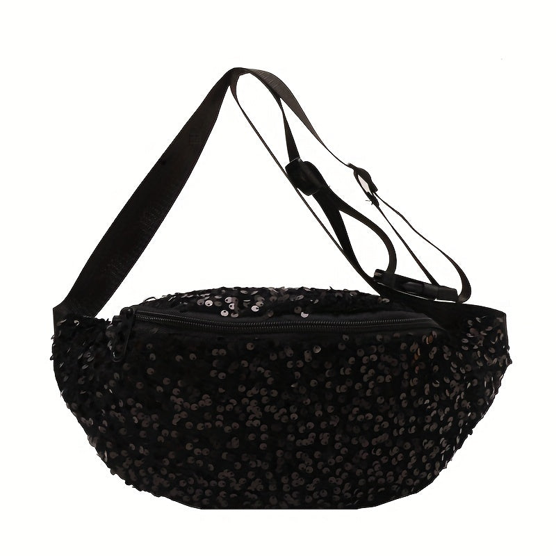 Trendy Glitter Sequins Chest Bag, Solid Color Sling Bag, Perfect Waist Bag For Women Daily Use