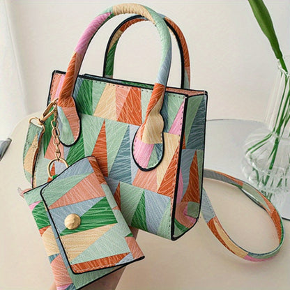 Geometric Pattern Crossbody Bag, Trendy Colorblock Handbag, Small Shoulder Bag With Coin Purse