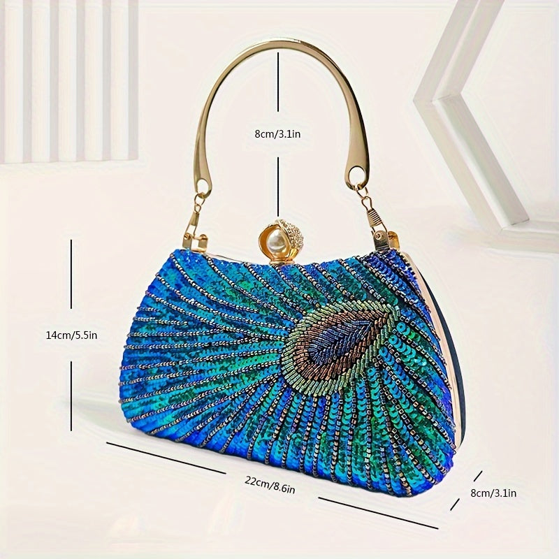 Peacock Feather Sequin Evening Bag, Luxury Banquet Purse, Women's Beaded Handbag For Wedding Party Prom