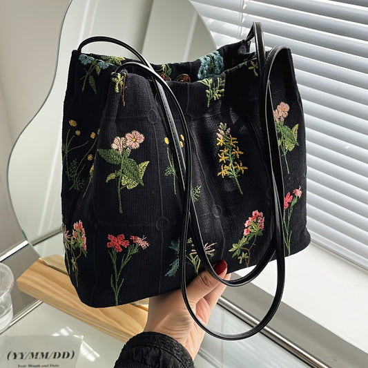 realaiot  Floral Embroidery Shoulder Bag, Vintage Daily Bucket Bag, Fashion Handbags For Women