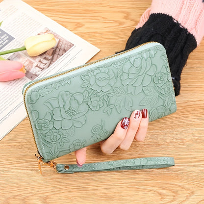 realaiot Women's Floral Embossed Long Wallet, Solid Color PU Leather Coin Purse, Trendy Zipper Card Holder Clutch Bag