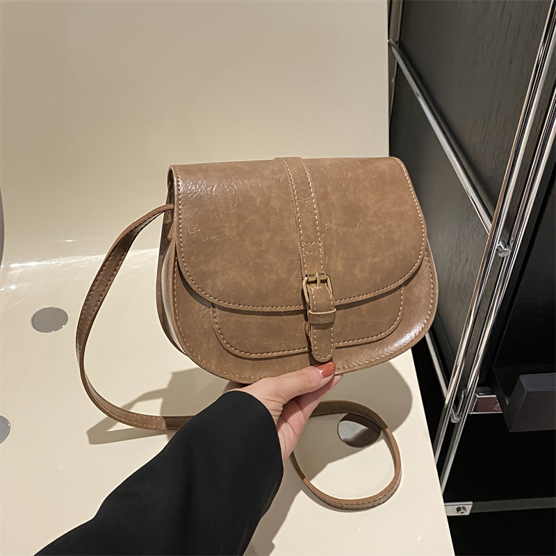 realaiot  Retro Mini Crossbody Bag, Fashion Solid Color Saddle Bag, Women's Vegan Leather Shoulder Purse