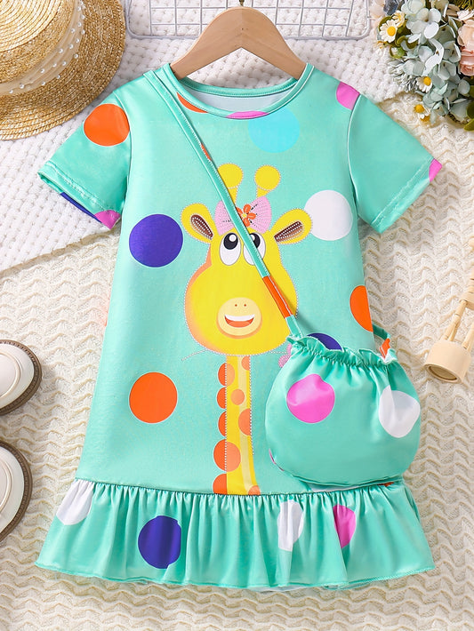 Fashionable Girls Short Sleeve Polka Dot Giraffe Print Dress with Adorable Ruffle Hem - Lightweight & Fun Summer Outfit Including Matching Bag for Playtime & Parties