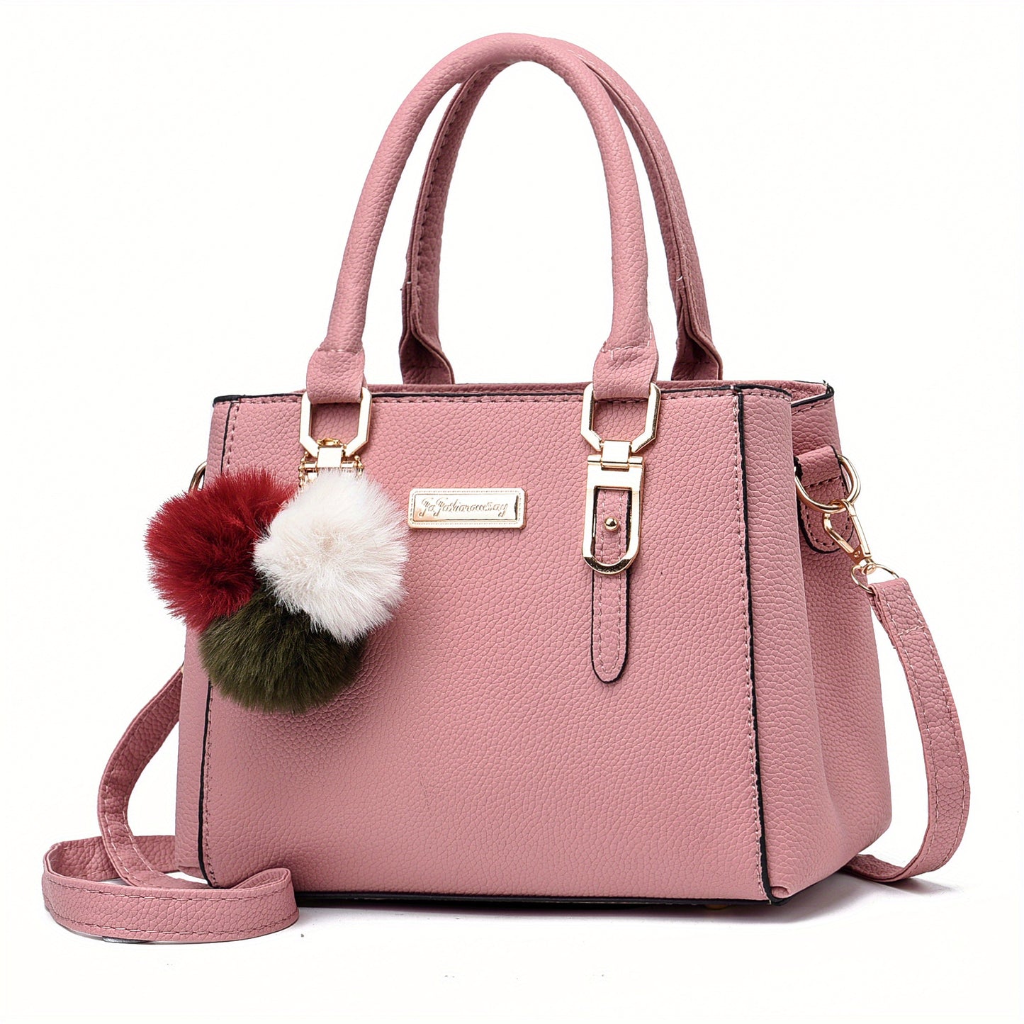 realaiot  Plush Ball Decor Satchel Bag, Stylish Small Top Handle Bag, Casual Zipper Shoulder Crossbody Bag