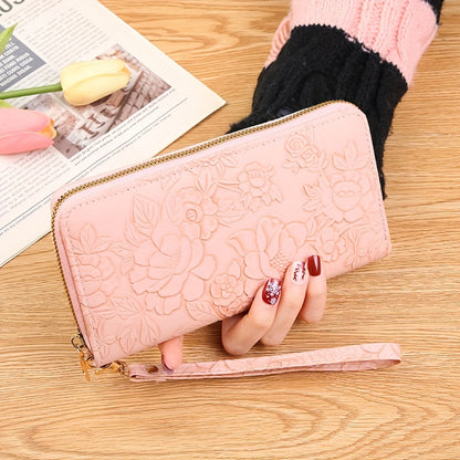 realaiot Women's Floral Embossed Long Wallet, Solid Color PU Leather Coin Purse, Trendy Zipper Card Holder Clutch Bag