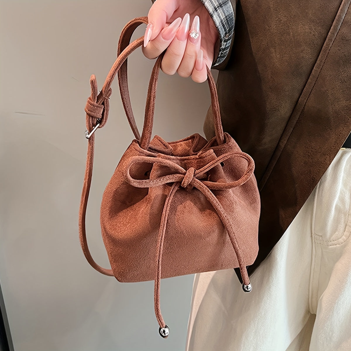 realaiot  Retro Mini Drawstring Bucket Bag, Solid Color Crossbody Bag, Fashion Shoulder Handbag For Women