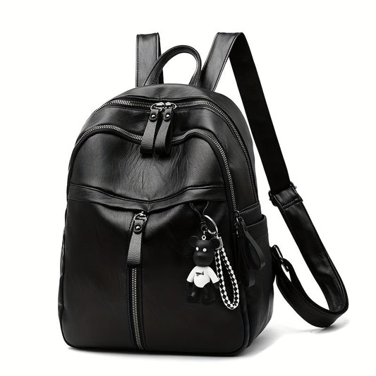 1pc PU New Backpack Large Capacity Student Schoolbag, Solid Color Lady's Soft Leather Backpack, Simple Black Backpack