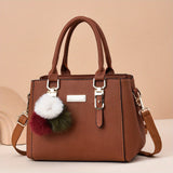 realaiot  Trendy Double Handle Satchel Bag, Pompom & Metal Decor Purse, Women's PU Leather Crossbody Bag