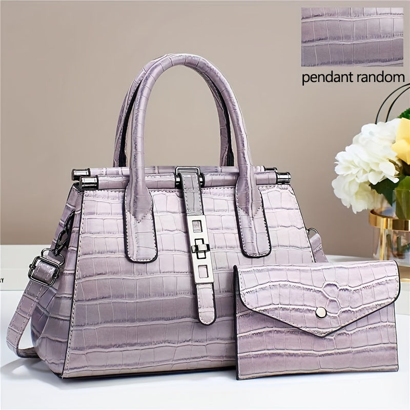 2Pcs Trendy Gradient Color Tote Bag Set, Multi-pocket Divider Crocodile Pattern Shoulder Bag & Coin Purse, Perfect Handbag For Commuting