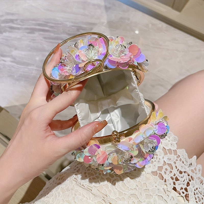 Mini Sequin Floral Clutch Bag, Elegant Round Evening Bag, Women's Formal Dinner Purse For Wedding Party & Prom (5.9"x6.1"x5.9")