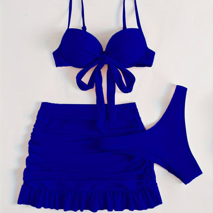 Three-Piece Beach Vacation Bikini Set - Stylish Tie-Front Top, Flirty Ruffle Hem Skirt, and Comfortable Swim Bottoms with Adjustable Straps, Perfect for Summer Getaways and Pool Parties