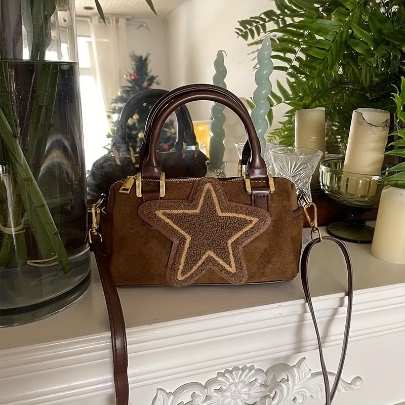 realaiot  Retro Plush Star Decor Crossbody Bag, Portable Zipper Handbag, Perfect Shoulder Bag For Daily Use