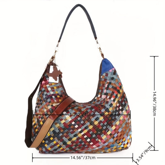 Vintage Colorful Braided Pattern Shoulder Bag, Bohemian Large Capacity Underarm Bag For Women