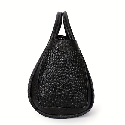 realaiot  Black Crocodile Embossed Handbag, Large Capacity Zipper Tote Bag, Genuine Leather Detachable Strap Crossbody Bag