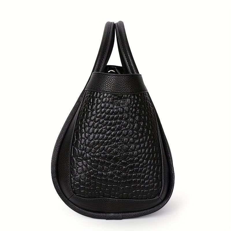 realaiot Black Crocodile Embossed Handbag, Large Capacity Zipper Tote Bag, Genuine Leather Detachable Strap Crossbody Bag