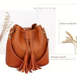 Simple Tassel Decor Bucket Bag, Classic Solid Color  Shoulder Bag, PU Leather Casual Women's Bag