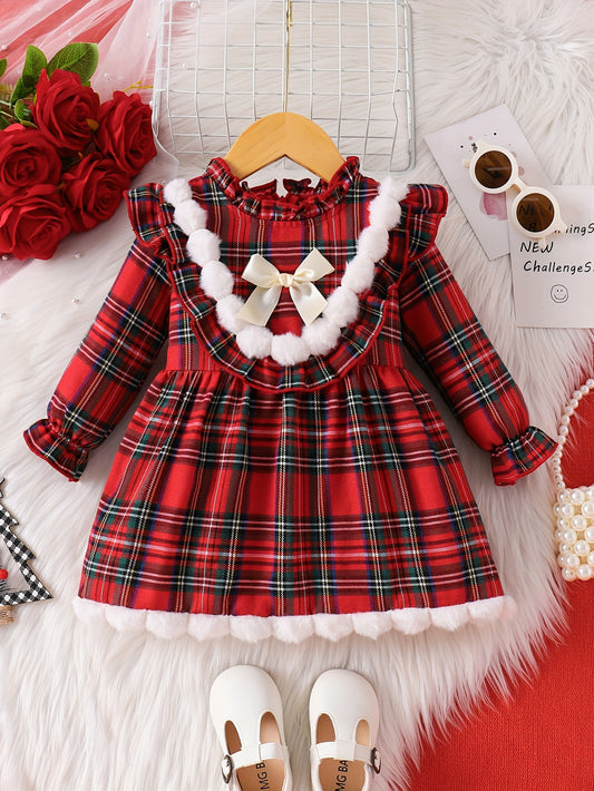 Adorable Girls' Christmas Plaid Long Sleeve Dress with Pom-Pom Detail - Cozy Polyester, Machine Washable - Perfect for Fall/Winter