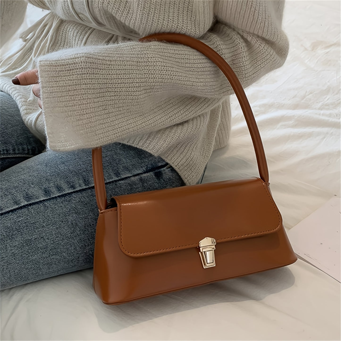 realaiot  Trendy All-match Flap Shoulder Bag, Simple Solid Color Baguette Bag, Perfect Casual Underarm Bag For Daily Use