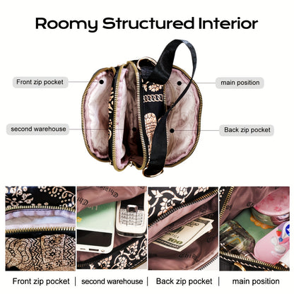 realaiot  Elephant & Floral Printed Shoulder Bag, Stylish Nylon Crossbody Bag, Casual Going Out Handbag