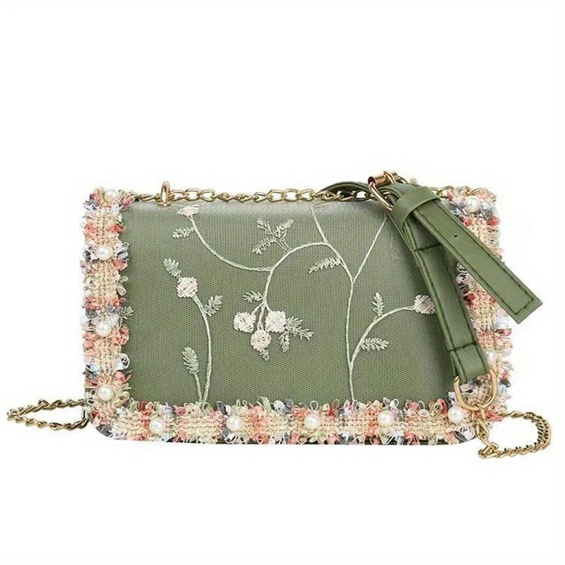 Fashion Lace & Bead Decor Bag, Flower Embroidered Square Shoulder Bag, Trendy Crossbody Bag For Women