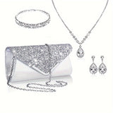 realaiot  Luxury Evening Clutch Bag Set, Elegant Dinner Banquet Purse, Women's Fashion Earrings Necklace Bracelet