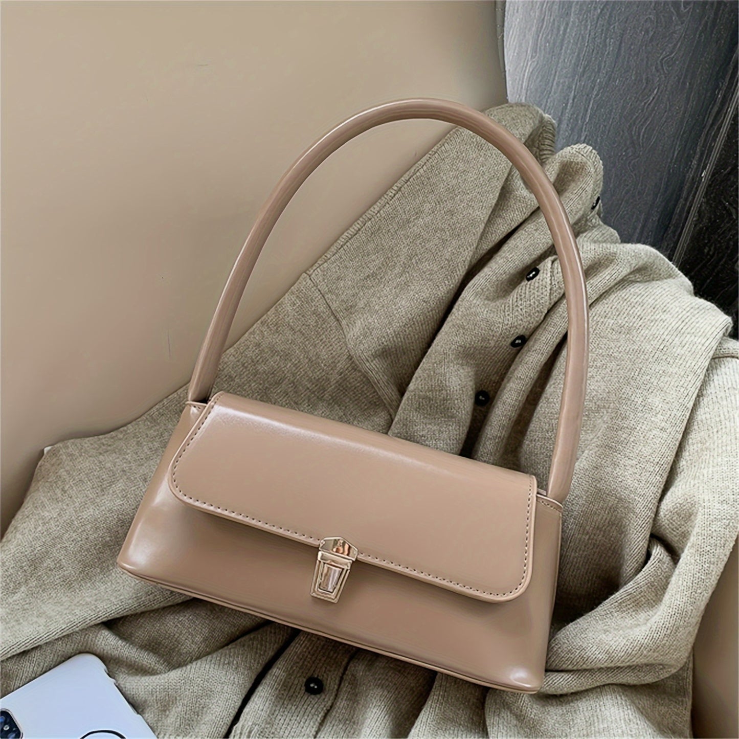 realaiot  Trendy All-match Flap Shoulder Bag, Simple Solid Color Baguette Bag, Perfect Casual Underarm Bag For Daily Use