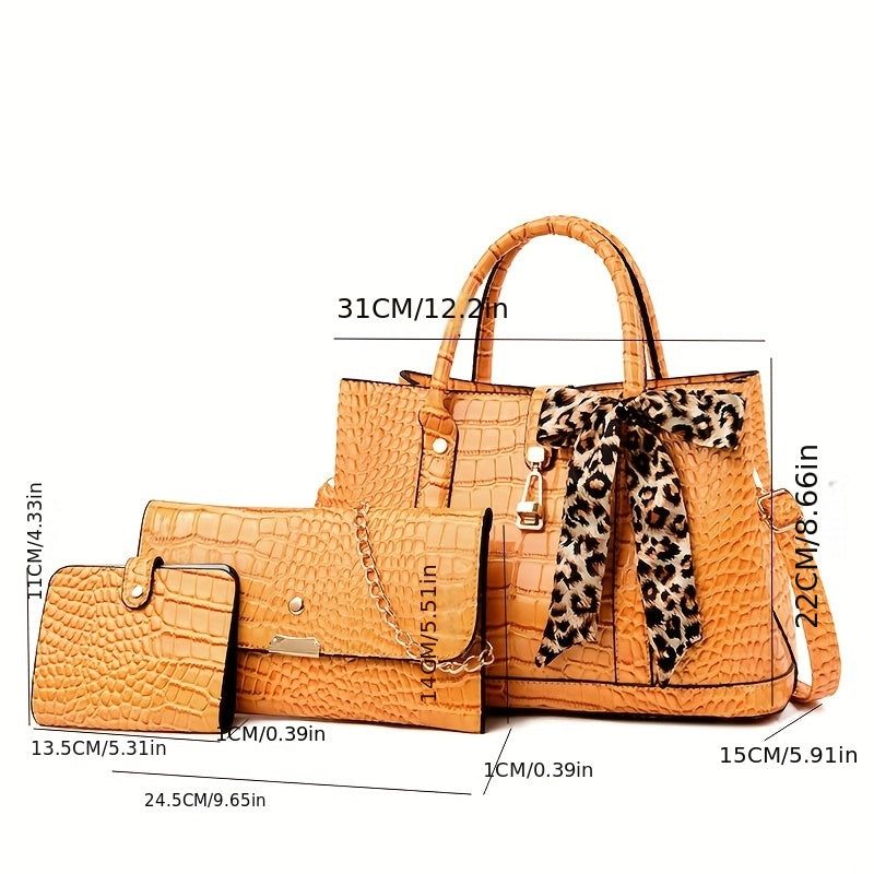 3 Pcs Classic Crocodile Embossed Bag Sets, Solid Color Elegant Tote Bag & Shoulder Bag & Clutch Card Case