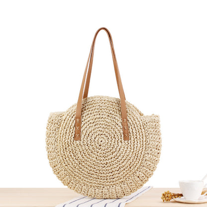 realaiot  Hollow-Out Straw Handbag, Fashion Woven Beach Bag, Round Large Capacity Shoulder Bag