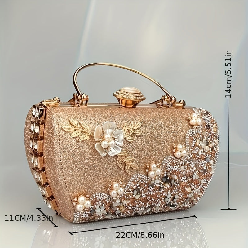 realaiot  Faux Pearl Rhinestone Floral Evening Bag, Elegant & Charming Dress Clutch Purse, Women's Fashionable Handbag For Wedding Party Prom