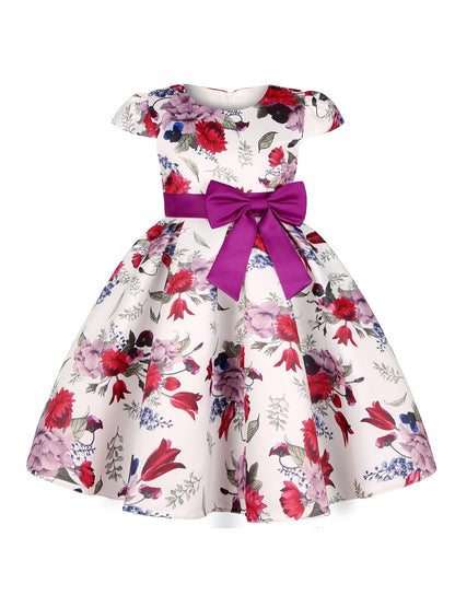 Elegant Floral Print Bowknot Princess Dress for Girls - Fit & Flare Midi with Lace-Up Detail