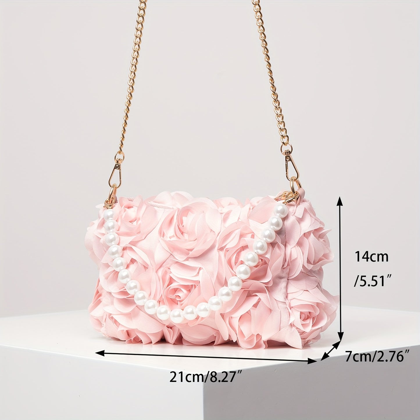 realaiot  Elegant Rose Design Shoulder Chain Bag, Sweet Valentine's Day Handbag Wallet With Beads Decor Strap