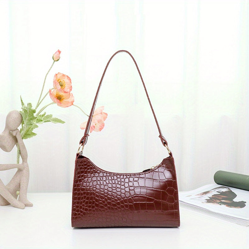 realaiot  Crocodile Pattern Underarm Bag, Stylish PU Leather Handbag, Solid Color Shoulder Bag