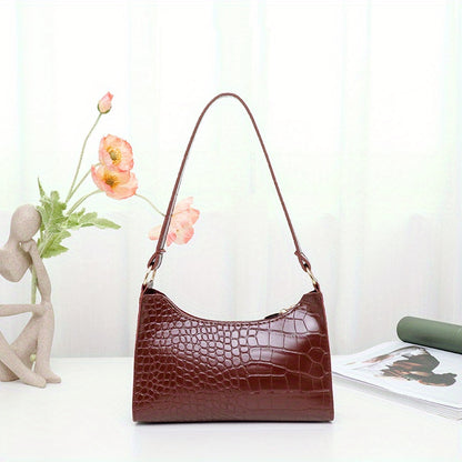 realaiot  Crocodile Pattern Underarm Bag, Stylish PU Leather Handbag, Solid Color Shoulder Bag