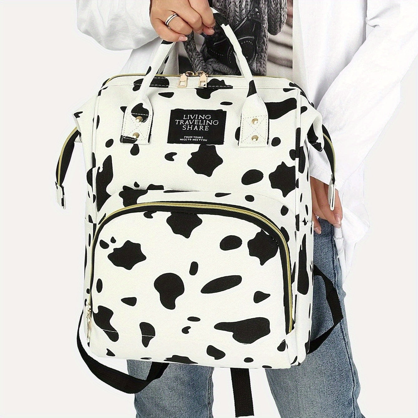 realaiot  Stylish Cow Pattern Backpack, Trendy Zipper Rucksack, Versatile Women's Travel Diaper Bag