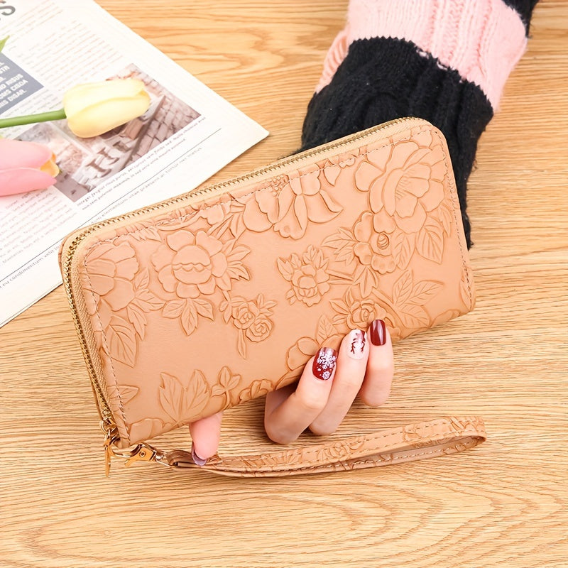 realaiot Women's Floral Embossed Long Wallet, Solid Color PU Leather Coin Purse, Trendy Zipper Card Holder Clutch Bag