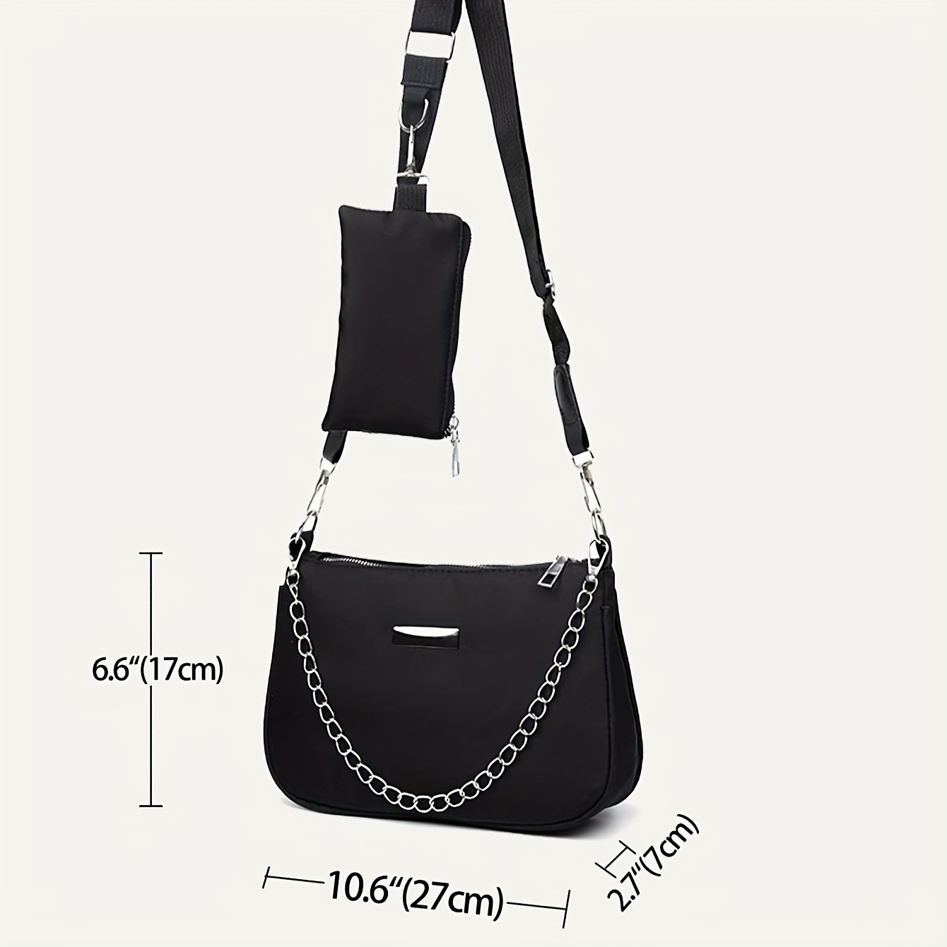 realaiot  2pcs Minimalist Crossbody Bag Set, Trendy Chain Decor Shoulder Bag With Coin Purse, Women's Wide Strap Square Bag