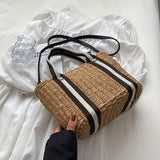 realaiot  Summer Beach Straw Shoulder Bag, Women's Woven Bucket Handbag, Bohemian Style Shoulder Bag
