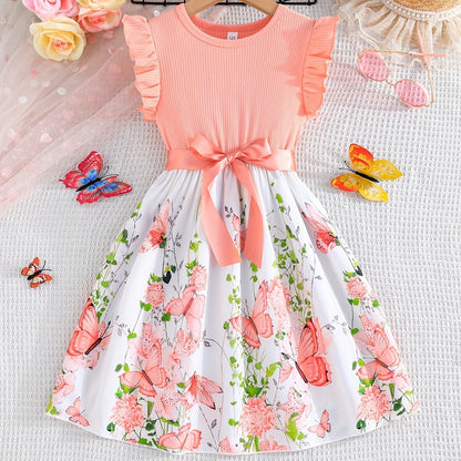 Girls Enchanting Fantasy Butterfly Print Spliced Midi Dress -Casual Summer Holiday Style - Perfect Gift Idea