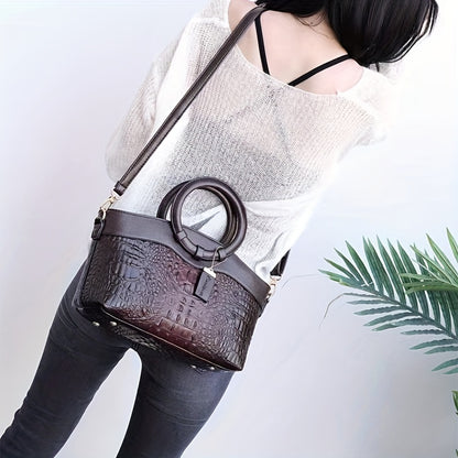 Women's Vintage Shoulder Bag, Crocodile Pattern Satchel Bag With Round Strap, Versatile Handbag