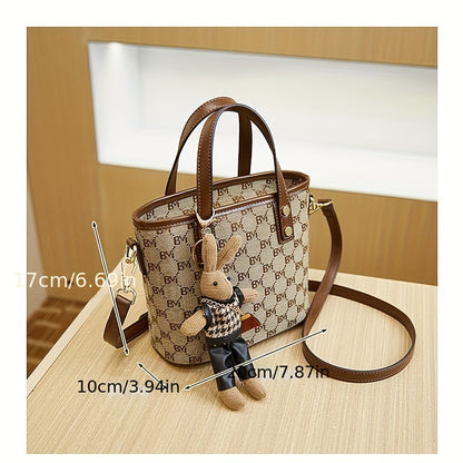 realaiotLetter Argyle Pattern Bucket Bag, Fashionable & Vintage Style, Top Handle Zipper Crossbody Bag For Ladies