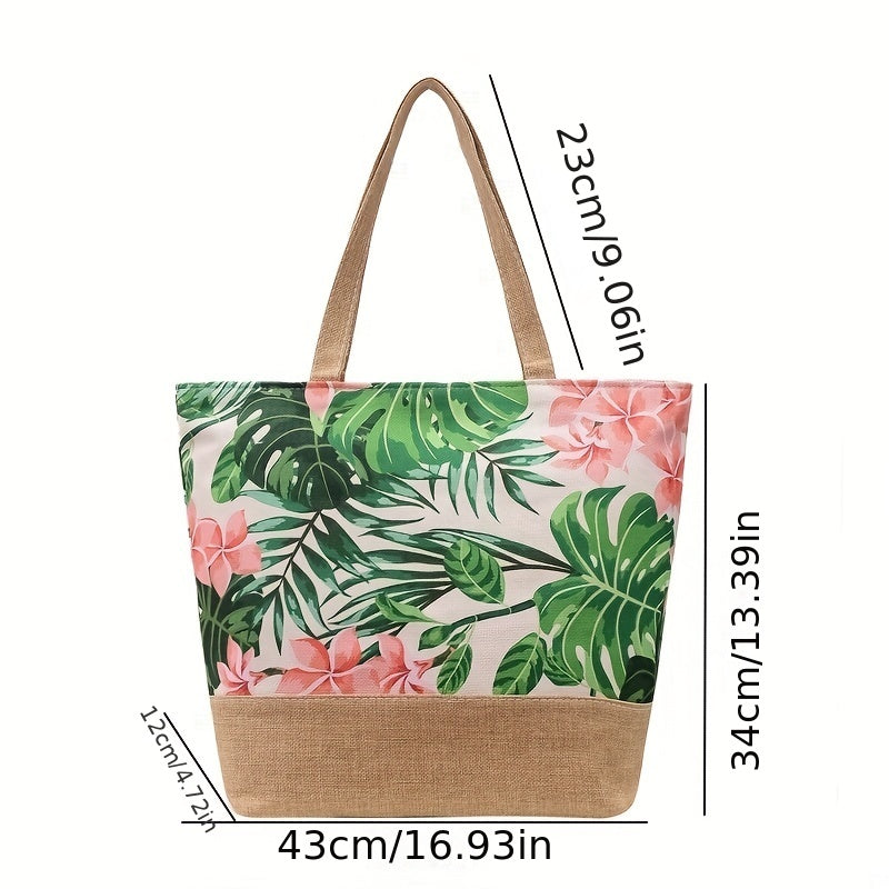 realaiot  Tropic Pattern Tote Bag, Holiday Summer Beach Bag Travel Bag For Vacation, Canvas Large Capacity Shopping Bag